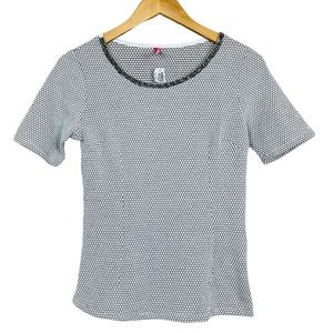 Rhinestone Neckline Honeycomb Short Sleeve Stretch Knit Top MEDIUM